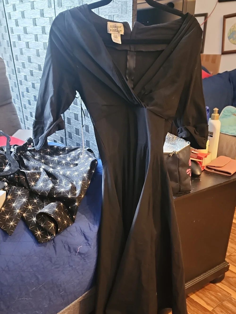 Unique Vintage Black Long Sleeve Fit-and-Flare Dress